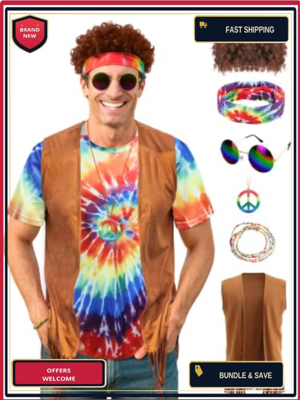 Men's Hippie Costume Set 60s 70s Tie Dye Shirt with Accessories Halloween